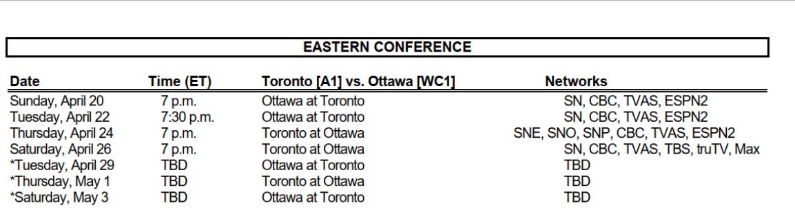 Steve_Dangle's tweet image. Leafs/Sens official playoff schedule: