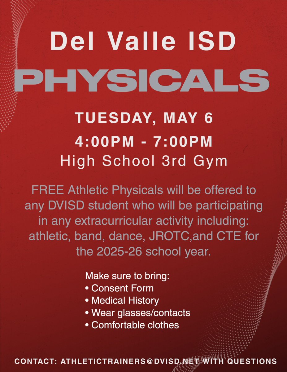 DV Athletic Trainers (@dvtrainers) on Twitter photo Physical are available for all DVISD students who participate in extracurricular activities. <a href="/dvisd_athletics/">Del Valle ISD Athletics</a> <a href="/DVCardinalsFB/">Del Valle Football</a> <a href="/DVHS_Volleyball/">Del Valle Volleyball</a> <a href="/DelValleHoops/">DV Basketball</a> <a href="/dv_softball/">Del Valle Softball</a> <a href="/DvPowerlifting/">DV Powerlifting</a> <a href="/DVHSGOLF/">Del Valle HS Golf</a> <a href="/tennisdvhs/">Del Valle High School Tennis</a> <a href="/delvallexc/">Del Valle XC</a> <a href="/DV_HS_Track/">Del Valle Track and Field</a> <a href="/DVCardinalCheer/">Del Valle HS Cheer</a> <a href="/DVHSGirlsSoccer/">Del Valle Girls Soccer</a> Physical are available for all DVISD students who participate in extracurricular activities. <a href="/dvisd_athletics/">Del Valle ISD Athletics</a> <a href="/DVCardinalsFB/">Del Valle Football</a> <a href="/DVHS_Volleyball/">Del Valle Volleyball</a> <a href="/DelValleHoops/">DV Basketball</a> <a href="/dv_softball/">Del Valle Softball</a> <a href="/DvPowerlifting/">DV Powerlifting</a> <a href="/DVHSGOLF/">Del Valle HS Golf</a> <a href="/tennisdvhs/">Del Valle High School Tennis</a> <a href="/delvallexc/">Del Valle XC</a> <a href="/DV_HS_Track/">Del Valle Track and Field</a> <a href="/DVCardinalCheer/">Del Valle HS Cheer</a> <a href="/DVHSGirlsSoccer/">Del Valle Girls Soccer</a>