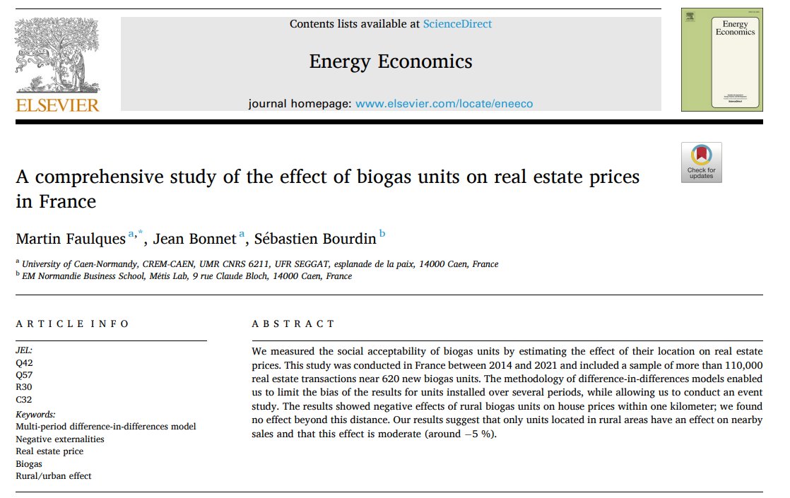 🚨 My new paper in Energy Economics 
Biogas units can reduce house prices by up to −7.5% within 1 km in rural areas.
📉 No effect in urban zones.
📍 Location matters!
🔗 doi.org/10.1016/j.enec…
#EnergyTransition #Biogas #Research