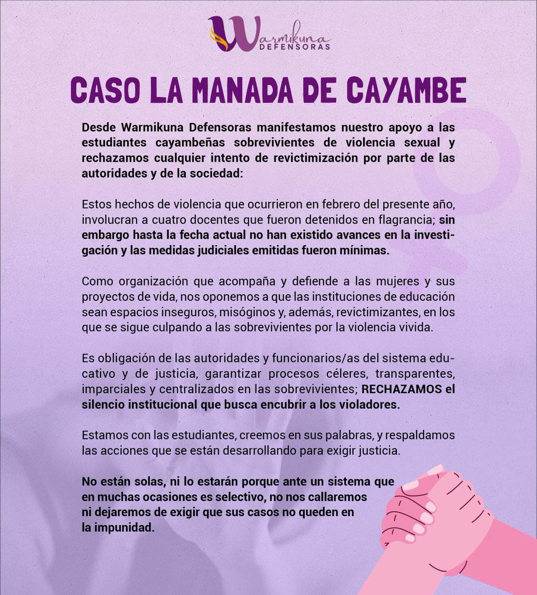 #CasoManadaCayambe

Apoyamos a las sobrevivientes, exigimos justicia ! Estamos con ustedes✊🏼🔥