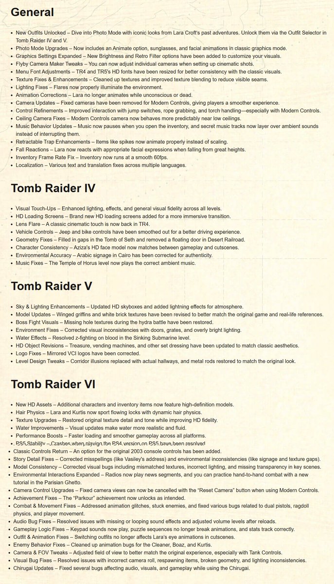 📋 Patch notes for Patch 1 of Tomb Raider IV-V-VI Remastered, coming TOMORROW on all platforms, are here &amp; it's BIG!
Many requests have been heard to improve this trilogy, it's impossible to list them all so I've taken a screenshot of the full list of changes.
What do you retain?