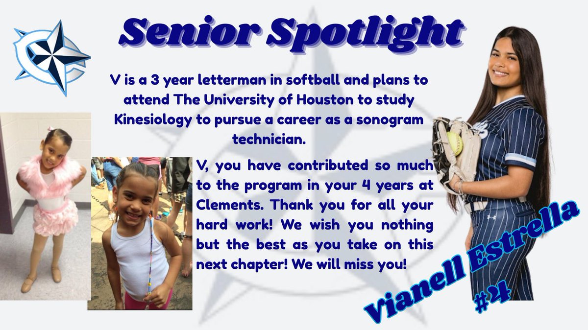 clementssftbl's tweet image. Senior Vianell Estrella is our next senior up for Senior Spotlights! Come help us celebrate our #4 and the other seniors tonight at 5:50pm before our last district game vs Travis! Hope to see you there!