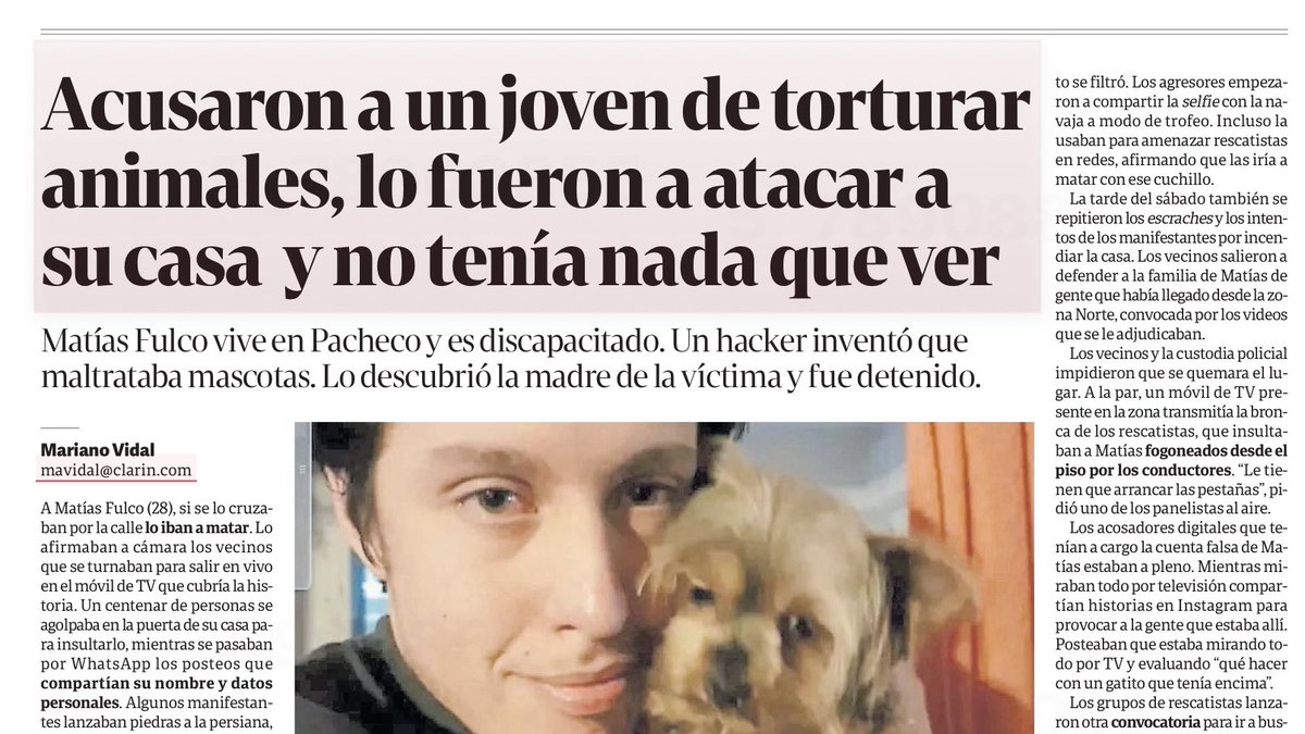 lehalperin's tweet photo. Una noticia falsa en las redes reproducida por la tv con un movil en vivo en la casa de quien no hizo nada malo, casi termina en tragedia.
Tenemos que reflexionar sobre el uso de las redes, la difusión de noticias falsas y de la violencia como manera de resolver conflictos.
Si quienes lideran o quieren liderar nuestra sociedad, mienten y tergiversan la realidad, a la vez que promueven la violencia entre las personas como manera de conseguir justicia; las consecuencias pueden ser situaciones como estas. Justicia es otra cosa. 
El que gana lidera, pero no siempre tiene razón y nadie gana para siempre. Debemos terminar con el péndulo del Estado que pasa de un extremo al otro, recuperar los equilibrios volver a dialogar y tratar de ponernos de acuerdo.
Tenemos prioridades urgentes. Anomia, consumos abusivos y problemáticos; deterioro de la educación y de los acuerdos básicos de convivencia; intolerancia para con el diferente y las minorías; agresiones preventivas, violencia contra los mas débiles y de los muchos contra los pocos; gobiernos que dicen pegar porque nos cuidan, que creen saber mas de como queremos vivir nuestra libertad que nosotros mismos.
Nuestra sociedad está rota; lo que surja de esto depende de nosotros y las señales no son auspiciosas. Estamos a tiempo de cambiar la historia del futuro. De nosotros depende.