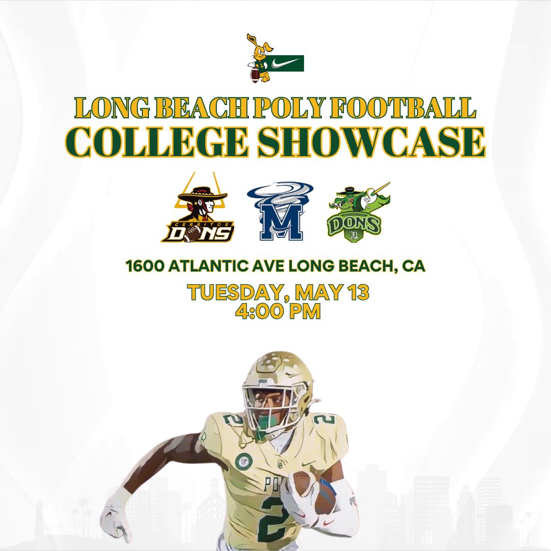 Long Beach Poly Football ๐๐ (@lbpoly_football) on Twitter photo The Long Beach Poly Football College Showcase is right around the corner!
Excited to share the field with Cerritos, Mayfair and Dorsey-itโs going to be a great day of competition!
<a href="/Football_Dons/">Cerritos Dons</a>
<a href="/SoonsFootball/">Mayfair Monsoons Football</a>
<a href="/DorseyDFootball/">DorseyDonsFootball</a>
๐1600 Atlantic Ave
๐๏ธ May 13
โฐ 4:00PM The Long Beach Poly Football College Showcase is right around the corner!
Excited to share the field with Cerritos, Mayfair and Dorsey-itโs going to be a great day of competition!
<a href="/Football_Dons/">Cerritos Dons</a>
<a href="/SoonsFootball/">Mayfair Monsoons Football</a>
<a href="/DorseyDFootball/">DorseyDonsFootball</a>
๐1600 Atlantic Ave
๐๏ธ May 13
โฐ 4:00PM