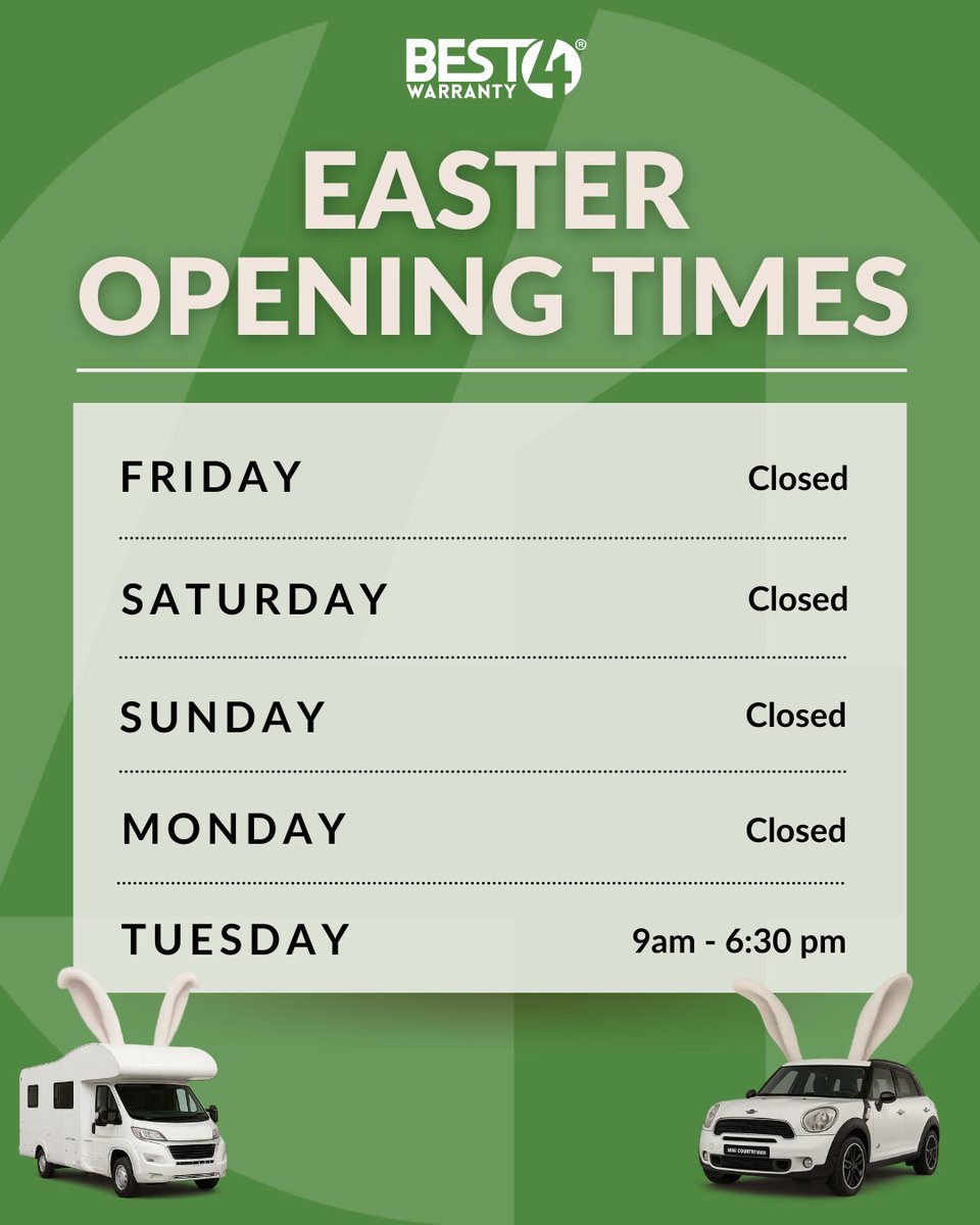 Best4UK's tweet photo. Wishing everyone a Happy Easter from the team at Best4!

Friendly reminder that we will be closed from Good Friday and back to our regular schedule on Tuesday.

#Easter #EasterBankHoliday #Easter2025 #Best4Warranty https://t.co/VWZUeDQVdv