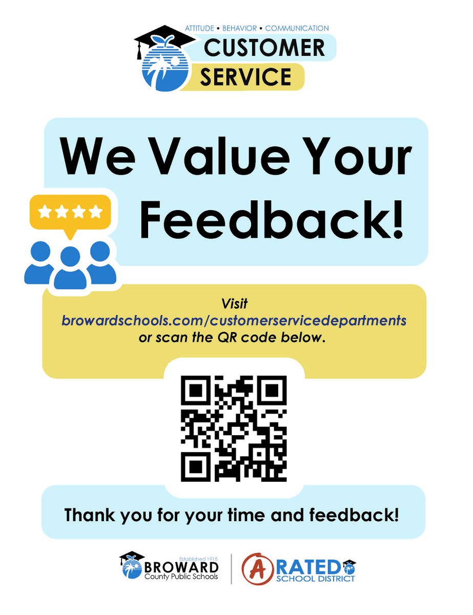 To help us improve our services, please take a few moments to complete a short survey about your recent customer service experience with one of our schools or departments in Broward County Public Schools. Your input helps us enhance our support and better serve the community.