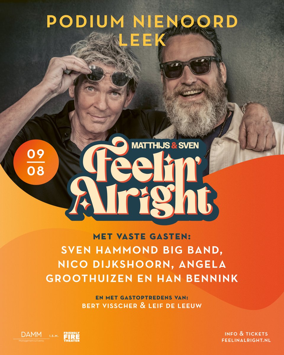 GAST ARTIESTEN ANNOUNCEMENT
Tijdens de Feelin’ Alright show in Leek zullen o.a gastartiesten <a href="/Angelagroothuiz/">Angela Groothuizen</a> , Bert Visscher , Leif de Leeuw, Nico Dijkshoorn &amp; Han Bennink aanwezig zijn! 📷 #feelinalright