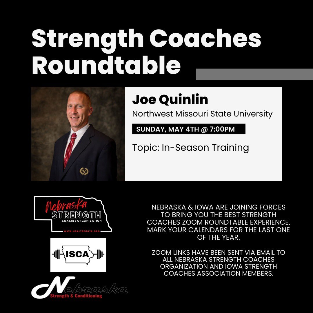 NebStrength's tweet image. 🧠⚡️CONTINUING EDUCATION 🧠⚡️
Be sure to join us for our last installment of our Sunday Zoom Roundtables in a couple weeks as we bring on veteran strength coach Joe Quinlin of @NWstrength
Dude is most definitely going to bring some 🔥 content to the table… don’t miss out!