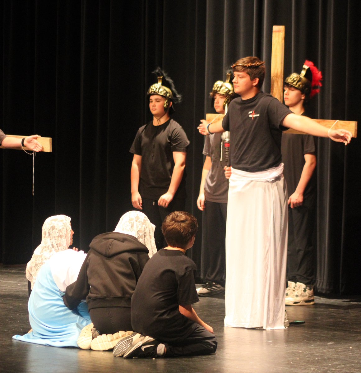 Jesus is crucified in a dramatic depiction of the Stations of the Cross today by middle schoolers at St. Joseph Catholic School. Today is the last day of classes before Easter break. Classes resume Tuesday at 8. Wishing everyone a meaningful and happy Easter! #NotYourAverageJoe