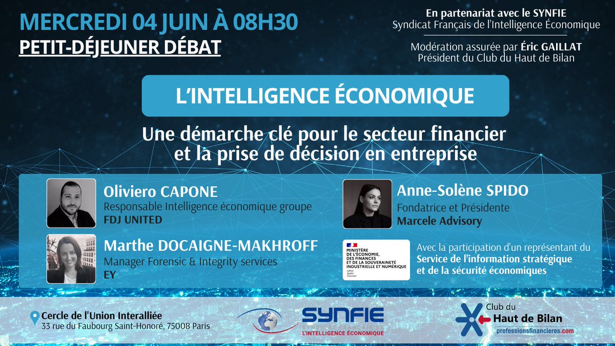 Rdv le 04/06 pour "l’intelligence économique, une démarche clé pour le secteur financier et la prise de décision en entreprise"
Inscription obligatoire 👉lnkd.in/evu2aYbC
#business #fusionsacquisitions #privateequity
#osint #intelligenceEconomique #data #stratégie