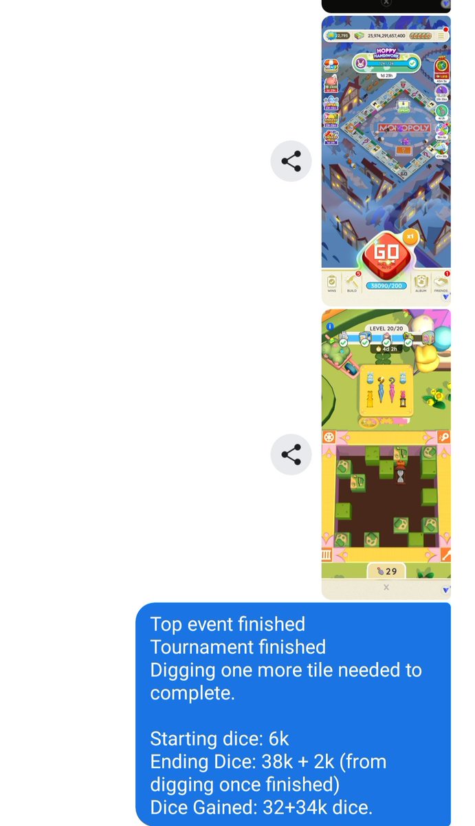 adiyaa_01's tweet photo. Top event finished
Tournament finished
Digging one more tile needed to complete.

Starting dice: 6k
Ending Dice: 38k + 2k (from digging once finished)
Dice Gained: 32+34k dice. https://t.co/JLA6cVaIFn