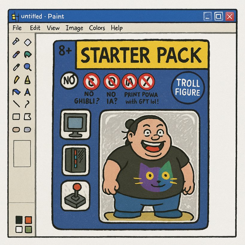 - Au début fallait faire du Ghibli. 
- Après fallait faire des Starter Pack avec son IA. 
- Après fallait plus en faire paske ça tue les artistes. 
- Fallait donc mieux faire ton starter pack à la main...

Dans le doute, je l'ai presque fait sous paint :D