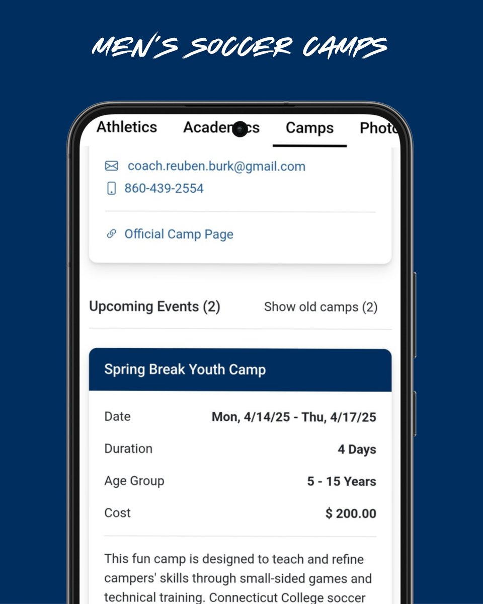 Internespo's tweet photo. Connecticut Spring Break Youth Camp
⚽️ @camelathletics
⚡️ NCAA Division III · NESCAC
📍 New London, CT
👥 Boys (5-15)
💳 $200
Camp info: https://t.co/FWPHCVSv5t
#CamelPride #GoCamel #YouthSoccer #SoccerCamps #Recruiting