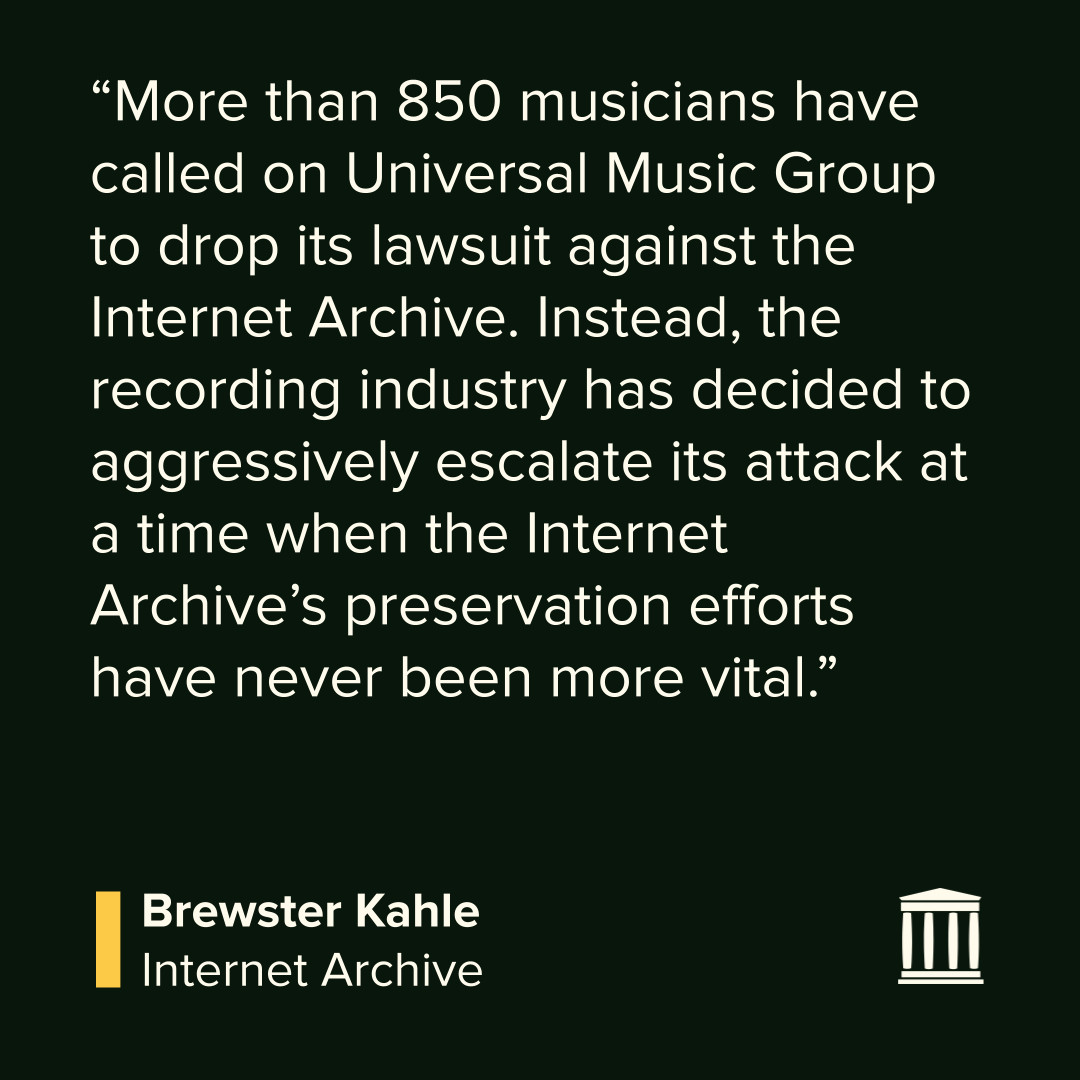 ⏰ Why now?

In 2023, major labels sued the Internet Archive for preserving 78rpm sound recordings.

But the labels are escalating their attack, trying to add even more sound recordings to the lawsuit—pushing the potential damages to $700 million. blog.archive.org/2025/03/21/int…
