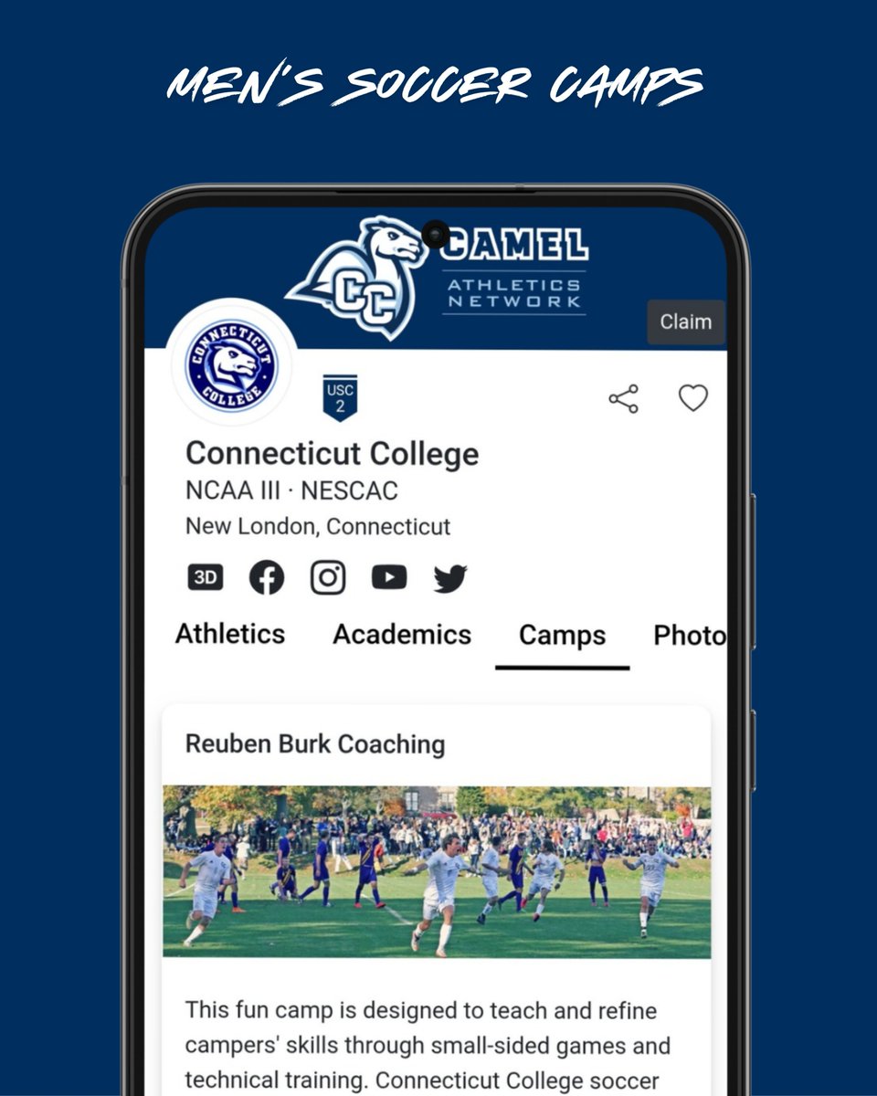 Internespo's tweet photo. Connecticut Spring Break Youth Camp
⚽️ @camelathletics
⚡️ NCAA Division III · NESCAC
📍 New London, CT
👥 Boys (5-15)
💳 $200
Camp info: https://t.co/FWPHCVSv5t
#CamelPride #GoCamel #YouthSoccer #SoccerCamps #Recruiting