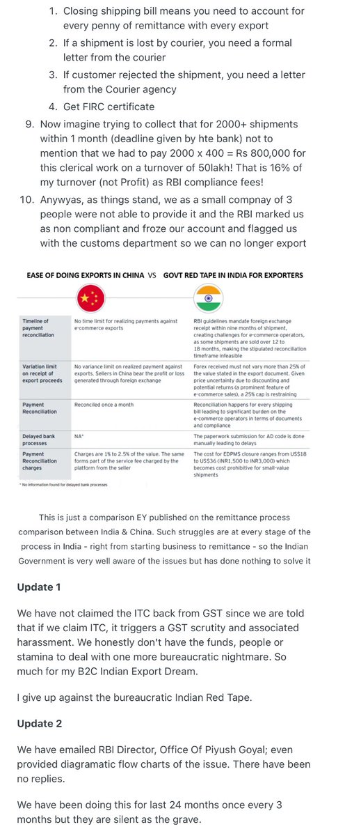 Iyervval's tweet image. The latest horror story of enterprising young Indians trying to export and getting shafted by the government - this country has no future. reddit.com/r/StartUpIndia…
