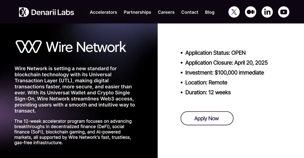 Wire Network 🔗 (@wire_blockchain) on Twitter photo Building the future of blockchain? Get funded.
The Wire Network x <a href="/DenariiLabs/">Denarii Labs</a> Accelerator is accepting applications—$100K for builders.
The future isn’t just multi-chain. It’s chain-agnostic. It’s frictionless. It’s here.
🔗 Apply now: denariilabs.xyz/wire-accelerat… Building the future of blockchain? Get funded.
The Wire Network x <a href="/DenariiLabs/">Denarii Labs</a> Accelerator is accepting applications—$100K for builders.
The future isn’t just multi-chain. It’s chain-agnostic. It’s frictionless. It’s here.
🔗 Apply now: denariilabs.xyz/wire-accelerat…