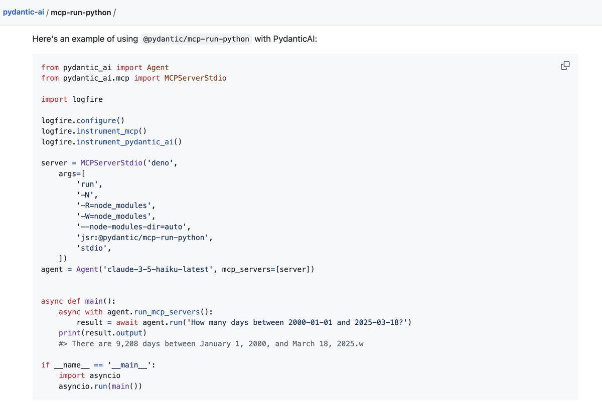 unwind_ai_'s tweet photo. MCP Run Python server lets AI Agents execute Python code in a secure sandboxed environment.

Uses Pyodide to run code, detects and installs dependencies, and captures all outputs - perfect for agent-driven data analysis.

Works with Pydantic AI and MCP clients. https://t.co/ExpGdtcwZZ