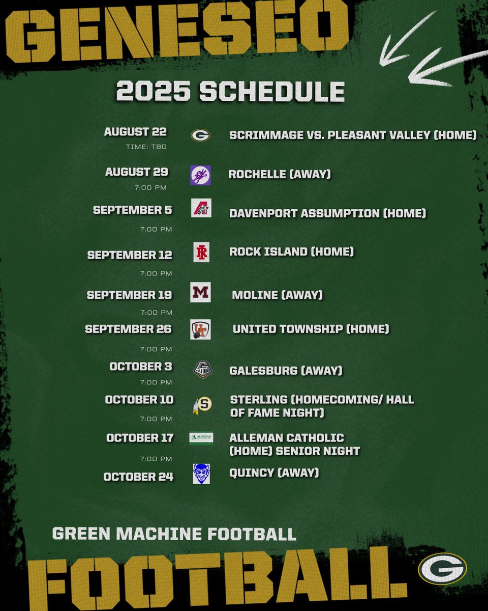 2025 Green Machine Football Schedule. Go Green Machine!!! <a href="/Ryerson_Tom/">Tom Ryerson</a> <a href="/MatthewJFurlong/">Matt Furlong</a> <a href="/athleticsGHS/">Geneseo Athletics</a> <a href="/geneseodist228/">Geneseo Schools</a> <a href="/GeneseoCurrent/">GeneseoCurrent</a> <a href="/geneseofootball/">Geneseo Football</a> <a href="/EDGYTIM/">Timothy “EDGYTIM” OHalloran</a> <a href="/CoachBigPete/">Peter "Coach Big Pete" Leinweber</a>