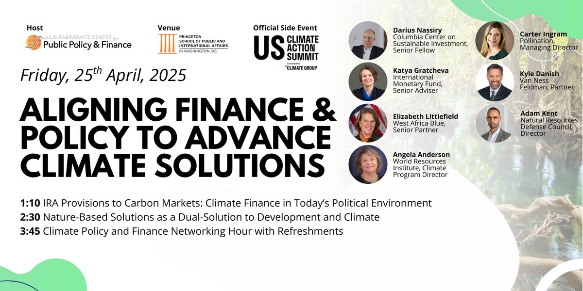 Princeton SPIA in Washington DC (@princetonspiadc) on Twitter photo Join Us: āAligning Finance & Policy to Advance Climate Solutionsā ā half-day symposium co-hosted by <a href="/PrincetonSPIA/">Princeton School of Public & International Affairs</a> <a href="/JRCPPF/">Julis-Rabinowitz Center for Public Policy &Finance</a> & <a href="/ClimateGroup/">Climate Group</a> for US ClimateĀ ActionĀ Week.
April 25 | 1:30ā5pm
Register: eventbrite.com/e/aligning-pol⦠Join Us: āAligning Finance & Policy to Advance Climate Solutionsā ā half-day symposium co-hosted by <a href="/PrincetonSPIA/">Princeton School of Public & International Affairs</a> <a href="/JRCPPF/">Julis-Rabinowitz Center for Public Policy &Finance</a> & <a href="/ClimateGroup/">Climate Group</a> for US ClimateĀ ActionĀ Week.
April 25 | 1:30ā5pm
Register: eventbrite.com/e/aligning-polā¦