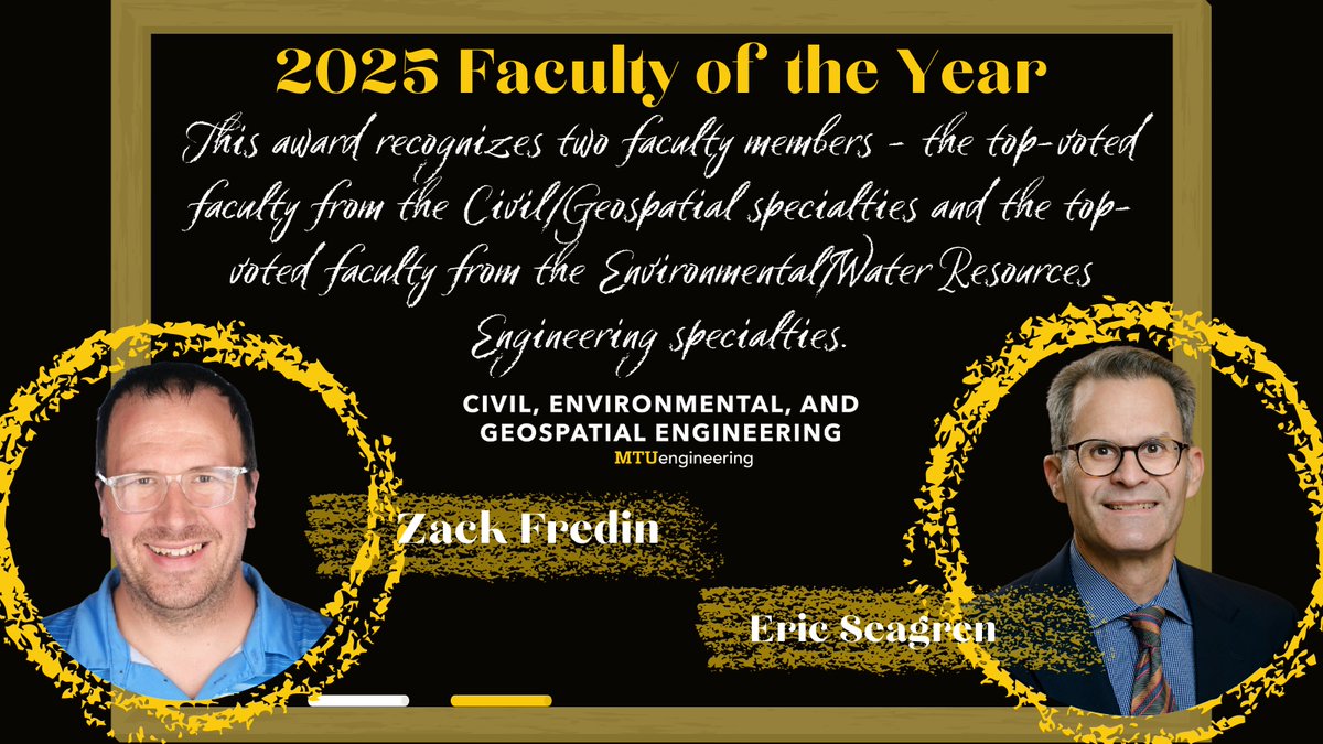 🎉 Congrats to our 2025 Faculty of the Year winners!
🏗️ Civil/Geospatial: Zack Fredin
💧 Environmental/Water: Eric Seagren
Student-voted and well-deserved! 👏 #MTUCEGE #MichiganTech #FacultyOfTheYear