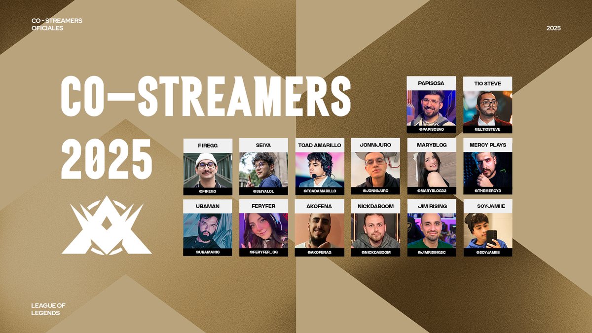 LTA (@ltaespanol) on Twitter photo ¡Recuerda! Vive esta súper semana de la #LTA con nuestros Co Streamers oficiales 🔥
<a href="/PapiSosa0/">LYON PapiSosa</a>, <a href="/ToadAmarillo/">LYON Toad</a>, <a href="/MaryBlog32/">MaryBlog</a>, <a href="/TheMERCY3/">Mercy Plays</a>, @Ubaman16, <a href="/feryfer_gg/">feryfer✨</a>, <a href="/ElTioSteve/">SoyelTioSteve 🎙🎙🎙</a> ,<a href="/F1REGG/">CHEMA</a>, <a href="/seiyalol/">së1ya #</a>, <a href="/AkofenaG/">Akofena</a>, <a href="/NickDaboom/">Nico</a>, <a href="/JimRisingSC/">Jaime “JimRising” Duran</a>, <a href="/Jonnijuro/">Jonni 🐈</a>, <a href="/SoyJamiie/">Jamiie</a>. ¡Recuerda! Vive esta súper semana de la #LTA con nuestros Co Streamers oficiales 🔥
<a href="/PapiSosa0/">LYON PapiSosa</a>, <a href="/ToadAmarillo/">LYON Toad</a>, <a href="/MaryBlog32/">MaryBlog</a>, <a href="/TheMERCY3/">Mercy Plays</a>, @Ubaman16, <a href="/feryfer_gg/">feryfer✨</a>, <a href="/ElTioSteve/">SoyelTioSteve 🎙🎙🎙</a> ,<a href="/F1REGG/">CHEMA</a>, <a href="/seiyalol/">së1ya #</a>, <a href="/AkofenaG/">Akofena</a>, <a href="/NickDaboom/">Nico</a>, <a href="/JimRisingSC/">Jaime “JimRising” Duran</a>, <a href="/Jonnijuro/">Jonni 🐈</a>, <a href="/SoyJamiie/">Jamiie</a>.