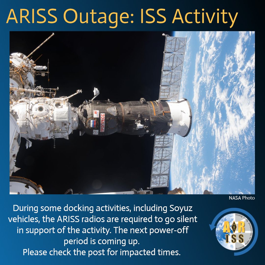1 hour until scheduled start of an ARISS radio outage.  

In support of the Soyuz undocking, the ham radios (repeater and packet radio) on the station will be turned off.  

Outage starts: Today at 12:15 UTC | 8:15 AM ET 
Outage ends: Sun. 20-Apr. at 14:30 UTC | 10:30 AM ET.