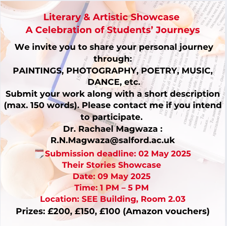 🎭 We are proud to host “Their Stories” – A Literary &amp; Artistic Showcase on 9 May 2025.
🗓️ 9 May | 🕐 1–5 PM | 📍 SEE Building 2.03/4
 ✨ Submissions are open until 2 May (with prizes too!)
Join us as we honour voices, visions, and stories that move us.