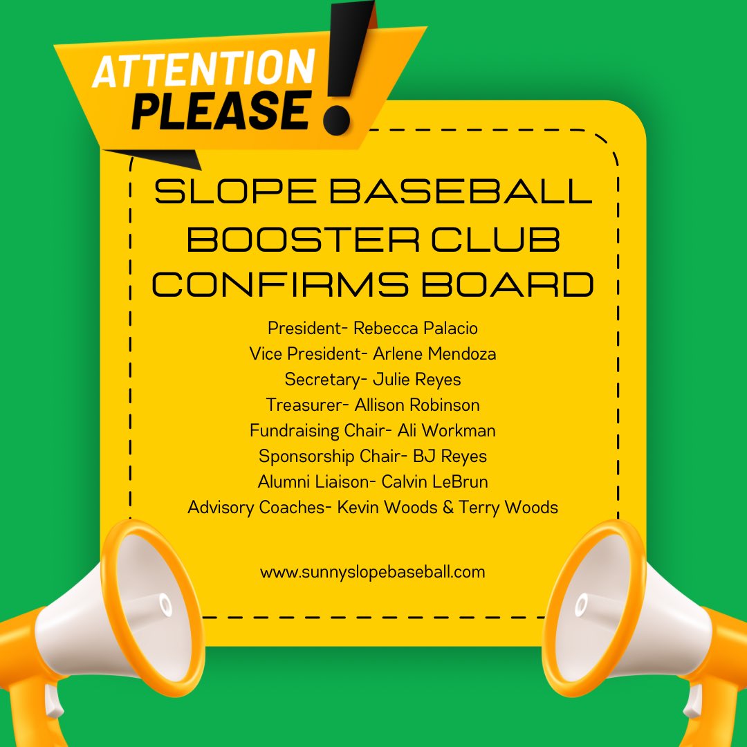 The #slopebaseballboosterclub is officially up and running with our new board fully elected and confirmed. THANK YOU to everyone who joined last night! We’re going to hit the ground running so please email any questions, ideas, suggestions to baseballsunnyslope@gmail.com