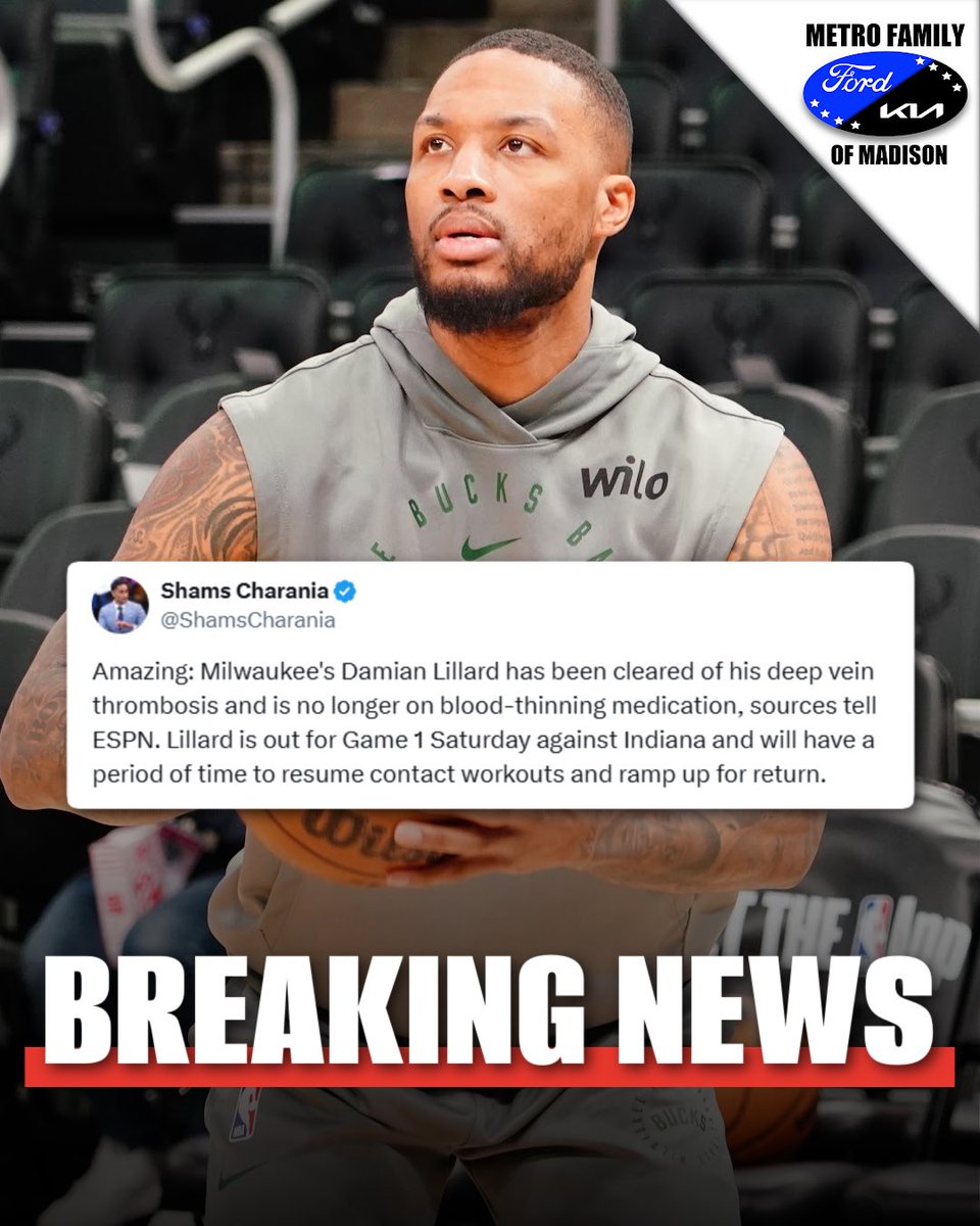 ESPN Madison (@espnmadison) on Twitter photo ๐๐๐๐๐๐๐๐ ๐๐๐๐: Damian Lillard has been cleared of his deep vein thrombosis and is no longer on blood-thinning medication. He will miss Game 1 of the Pacers series before ramping up for a possible return this playoffs, per <a href="/ShamsCharania/">Shams Charania</a>. #fearthedeer ๐๐๐๐๐๐๐๐ ๐๐๐๐: Damian Lillard has been cleared of his deep vein thrombosis and is no longer on blood-thinning medication. He will miss Game 1 of the Pacers series before ramping up for a possible return this playoffs, per <a href="/ShamsCharania/">Shams Charania</a>. #fearthedeer