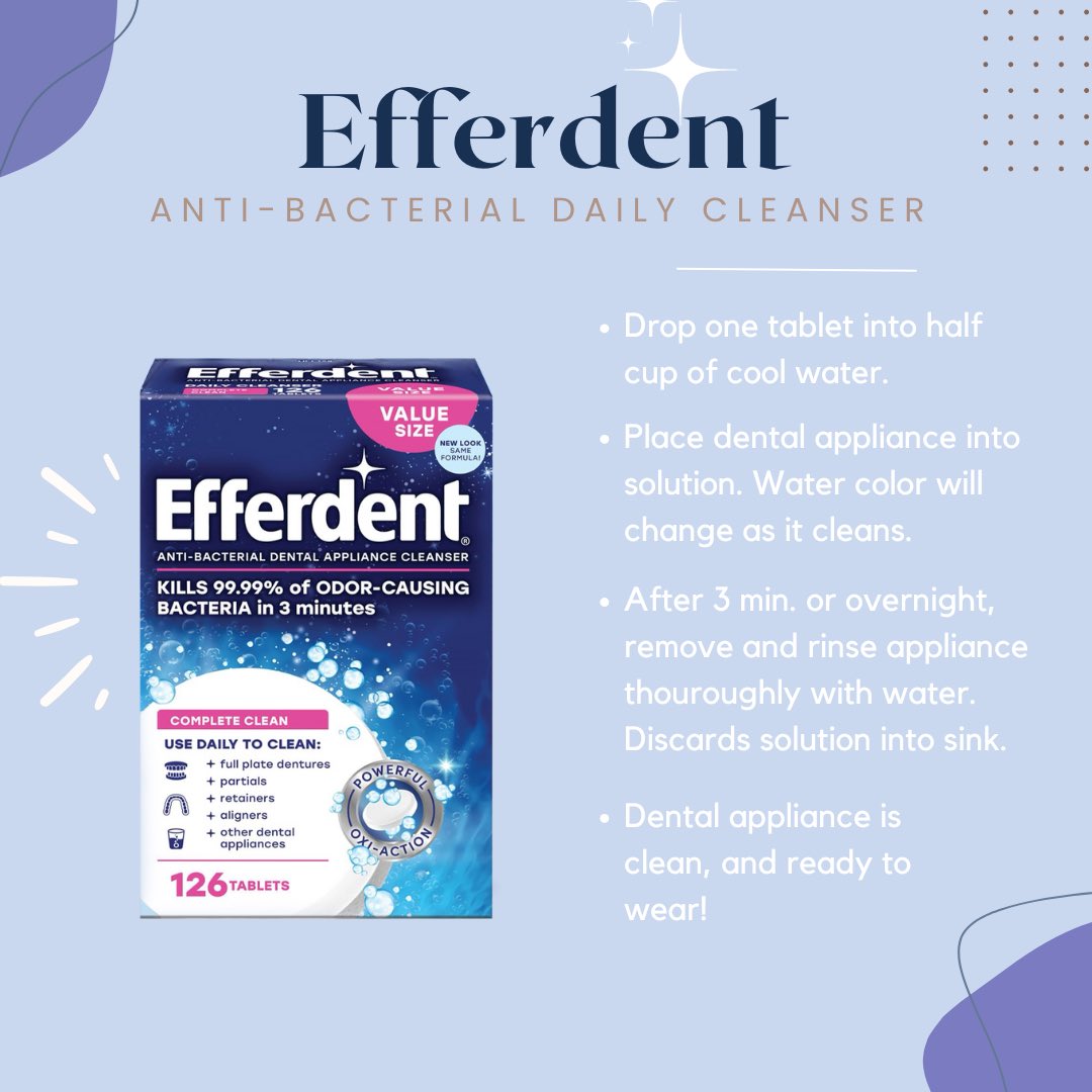AdinaDemianDMD's tweet image. 🫧 Clean your dental appliance for a fresh and confident smile with anti-bacterial cleaners! 

Efferent and Polident can be used for:

✨Retainers
✨Clear aligners
✨Night guards
✨Sports guards
✨Partials
✨Dentures
✨ and other dental appliances! 

#useasdirected #springclean