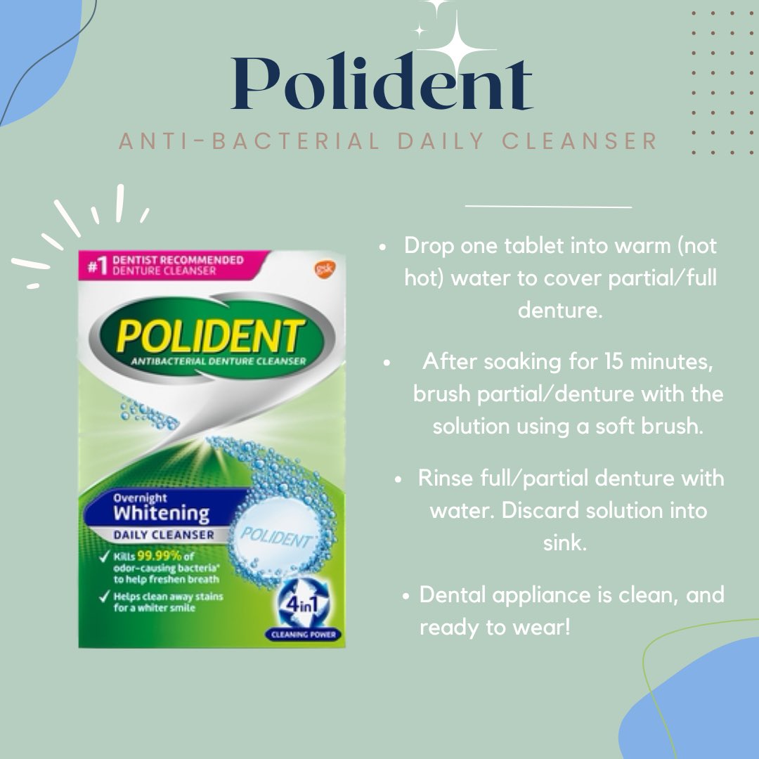 AdinaDemianDMD's tweet image. 🫧 Clean your dental appliance for a fresh and confident smile with anti-bacterial cleaners! 

Efferent and Polident can be used for:

✨Retainers
✨Clear aligners
✨Night guards
✨Sports guards
✨Partials
✨Dentures
✨ and other dental appliances! 

#useasdirected #springclean