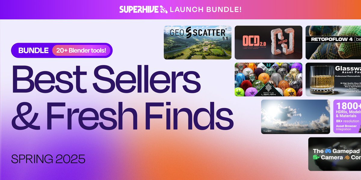 superhivemarket's tweet image. The Superhive Launch Bundle is here!

We&apos;re celebrating our new name with our very first bundle. 28 incredible Blender tools for $30!

b3d.superhivemarket.com/QJGUkB