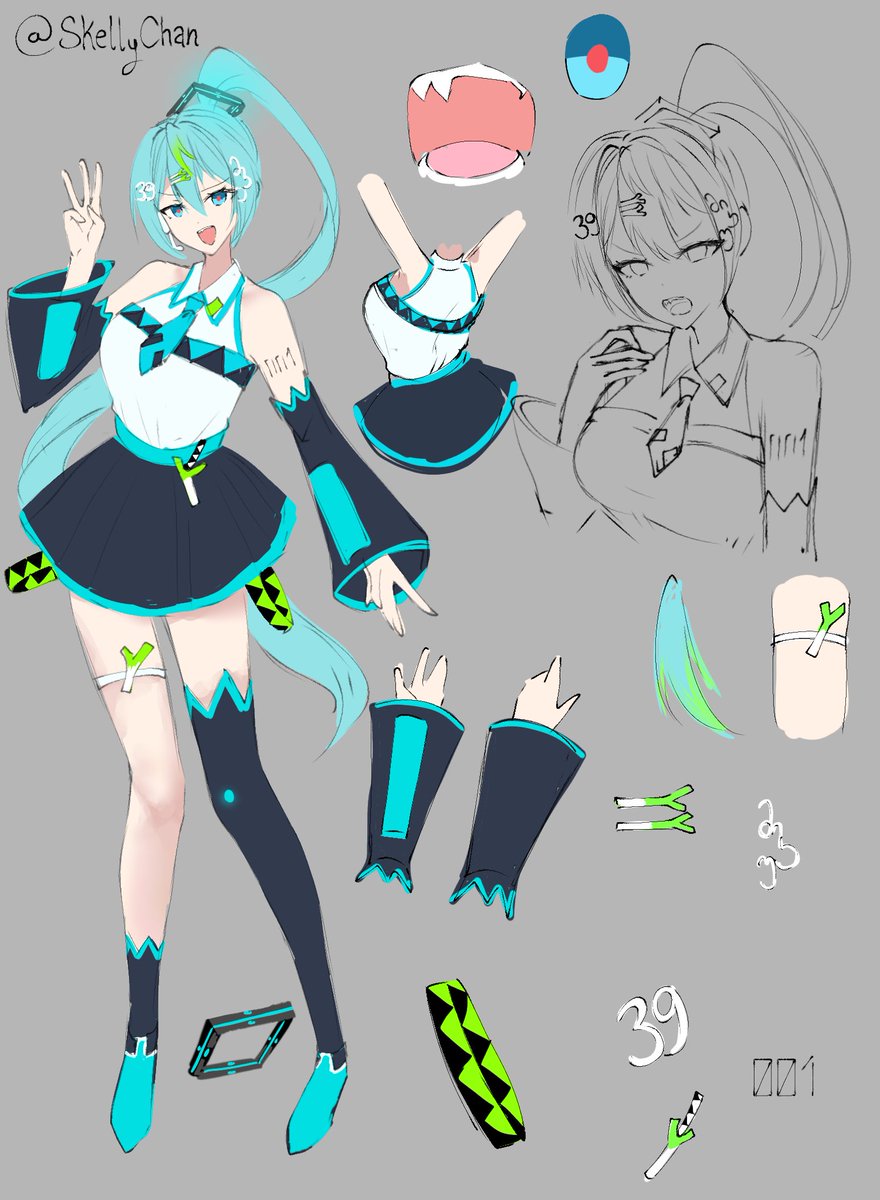 SkellyChanTweet's tweet image. Here's an updated sheet of my Hatsune, you can draw her if you'd like! Use #SkellyChan_FA and tag me if you'd like!
Ask questions regarding her if have any.