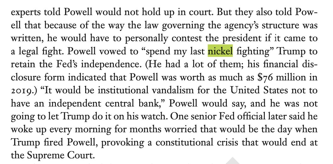 Peter Baker (@peterbakernyt) on Twitter photo When Trump threatened to fire Jay Powell in his first term, the Fed chief was told it would be illegal but he would have to personally contest it in court. Privately, Powell vowed that he would "spend my last nickel fighting" it, as <a href="/sbg1/">Susan Glasser</a> and I reported in "The Divider." When Trump threatened to fire Jay Powell in his first term, the Fed chief was told it would be illegal but he would have to personally contest it in court. Privately, Powell vowed that he would "spend my last nickel fighting" it, as <a href="/sbg1/">Susan Glasser</a> and I reported in "The Divider."