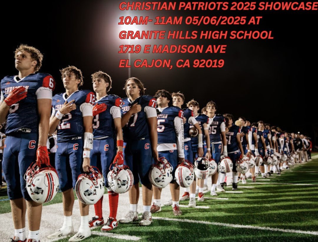 Pats Showcase 2025 will be on 05/06 at Granite Hills High School! If any College  Coaches want to come evaluate our Pats please DM <a href="/CoachMoronesCHS/">Coach Morones</a>. #GoPats🔵🔴 
<a href="/CHS___Athletics/">Christian HS Patriots Athletics</a> 
<a href="/CoachRomeroCHS/">Kyle Romero</a> 
<a href="/MBASports1/">MBASports</a> 
<a href="/Daygofootball/">San Diego Football</a>