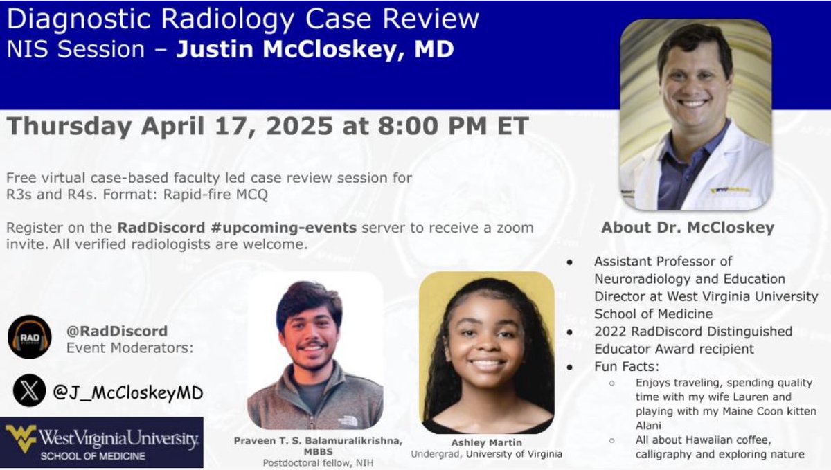 Justin McCloskey, MD (@j_mccloskeymd) on Twitter photo Excited to be back for the 4th year in a row teaching for <a href="/RadDiscord/">RadDiscord</a>’s Diagnostic Radiology review! Join me tonight from 8-10 pm ET for a rapid fire NIS session on Zoom. Here’s the link to join:
us06web.zoom.us/j/88600544112?…
<a href="/RadDiscord/">RadDiscord</a> <a href="/wvuradres/">WVU Radiology Residency Program</a> <a href="/thecortexclub/">The Cortex Club</a> <a href="/totallyskates/">Grace G. Zhu, MD</a> Excited to be back for the 4th year in a row teaching for <a href="/RadDiscord/">RadDiscord</a>’s Diagnostic Radiology review! Join me tonight from 8-10 pm ET for a rapid fire NIS session on Zoom. Here’s the link to join:
us06web.zoom.us/j/88600544112?…
<a href="/RadDiscord/">RadDiscord</a> <a href="/wvuradres/">WVU Radiology Residency Program</a> <a href="/thecortexclub/">The Cortex Club</a> <a href="/totallyskates/">Grace G. Zhu, MD</a>