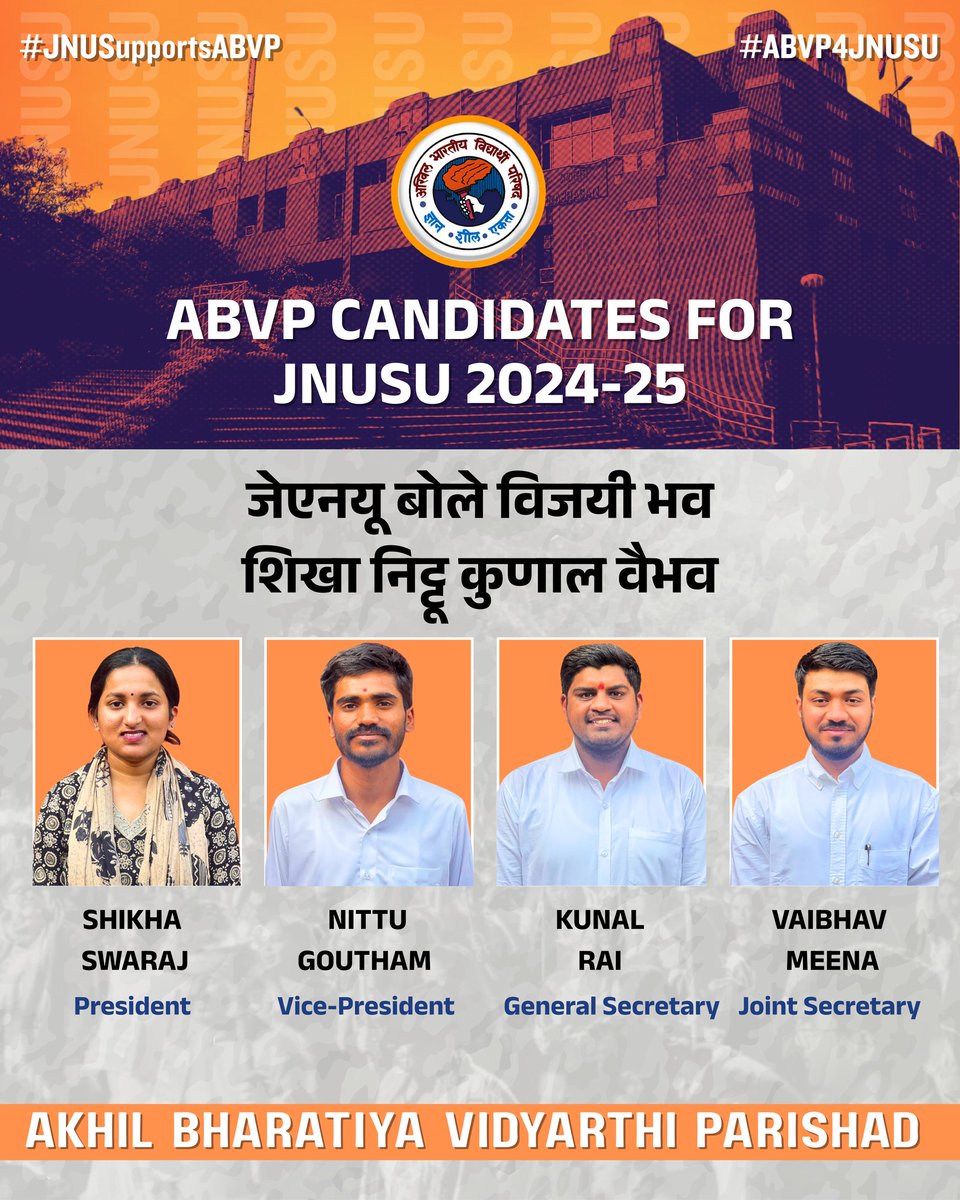 ABVP is proud to announce its Central Panel candidates for the Jawaharlal Nehru University Students’ Union (JNUSU) Elections 2024–25. Upholding our commitment to the vision of ‘JNU First’, our panel comprises dedicated and dynamic individuals determined to serve the student