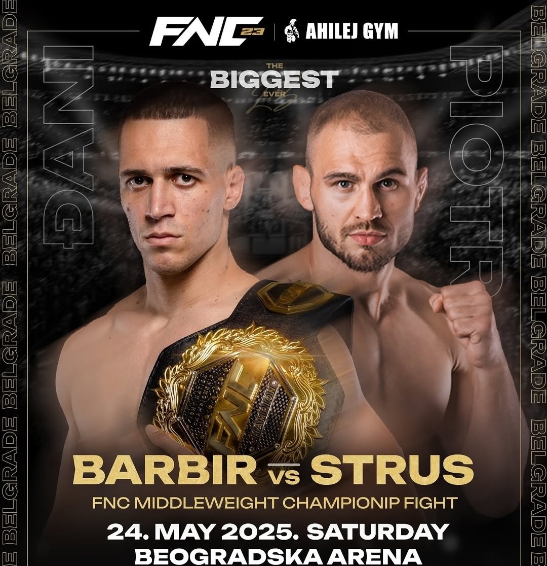 MMA_Balkan's tweet photo. Another fight for belt, this time in middleweight division. One of FNC's biggest prospects Đani Barbir (27y, 7-0) will defend his belt against Polish veteran who fought in KSW, ACB and others, Piotr Strus (36y, 16-9-2). #FNC23 https://t.co/wfG0XriCQI