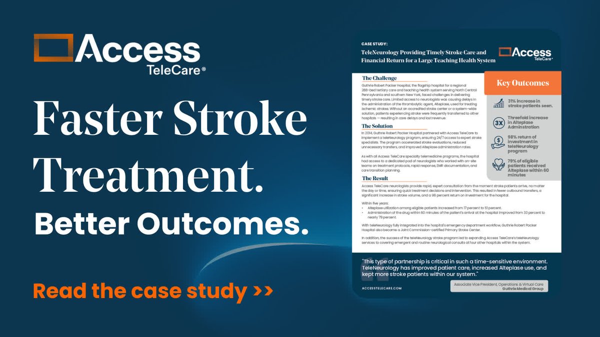 Seconds matter in stroke care. With Access TeleCare's teleNeurology program, Guthrie Robert Packer Hospital reduced patient transfers, increased timely thrombolytic agent administration, and achieved a 98 percent ROI. 

See how they did it. accesstelecare.com/case-study-neu…