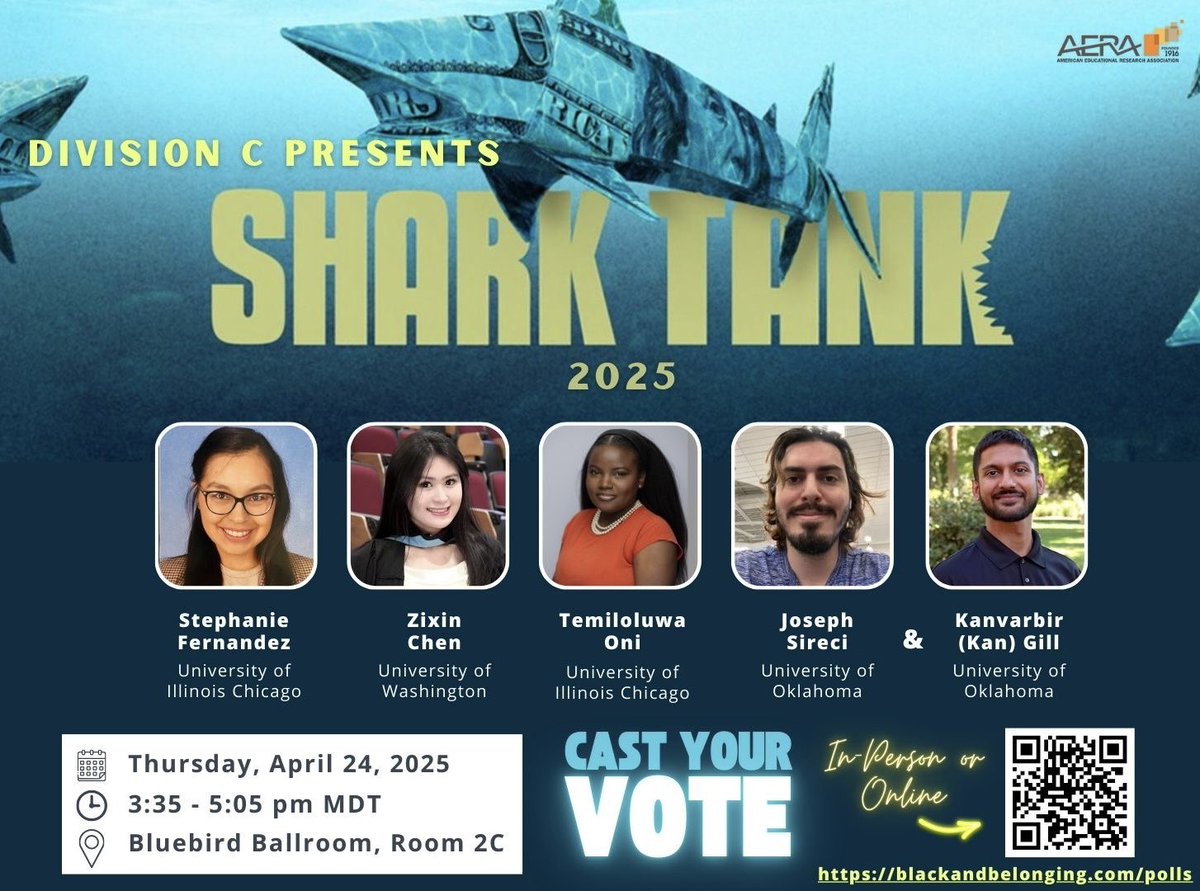 We invite you to join us for <a href="/AERADivC/">AERA Division C</a>’s 6th annual Shark Tank Competition on Thursday, April 24th at 3:35pm MDT! Stay tuned for highlights of our fantastic finalists and their proposals!

<a href="/AERA_EdResearch/">AERA</a> <a href="/AERA_Grads/">AERA Grad Students</a> 
#DivCSharkTank25 #AERA25