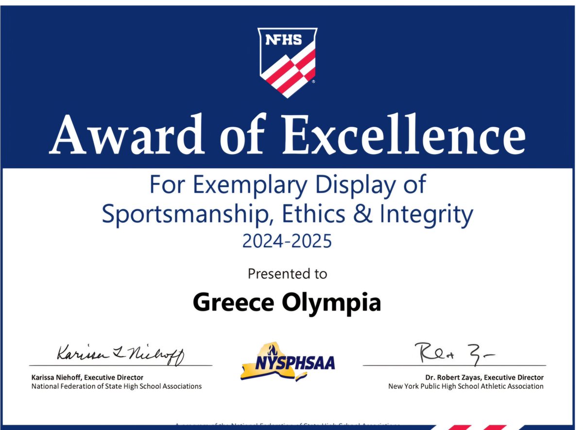 Olympia has earned the "Award of Excellence" from the New York State Public High School Athletic Association. This has been awarded in recognition of our efforts in evaluating and advancing sportsmanship policies, procedures, and programs! #GreatThingsHappenAtOLY #WeAreOlympia