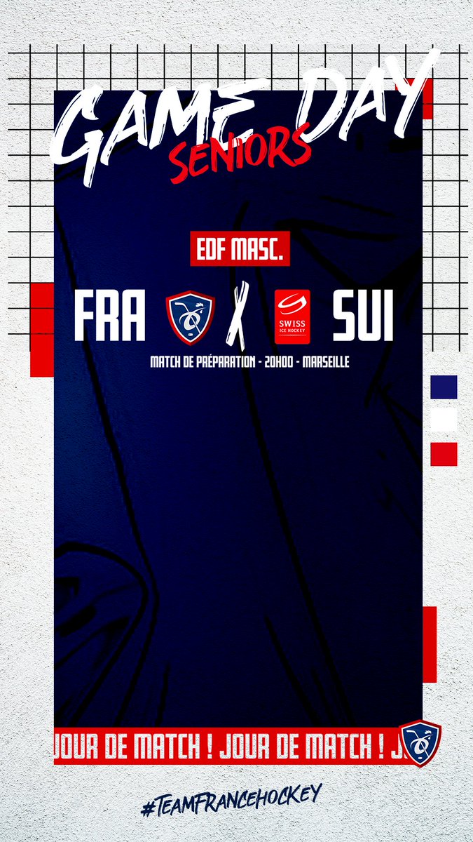 Jour de premier match de préparation au Mondial pour nos Bleus 🇫🇷

Les Tricolores affrontent la Suisse, vice-championne du dernier Mondial, au POMGE de Marseille 🔥

⌚️ 20h00
📺 Hockeyfrance.tv
🎟️ web.digitick.com/index-css5-mar…
#⃣ #TeamFranceHockey