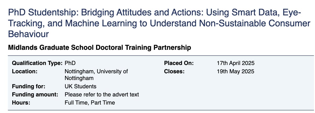 arkadykonovalov's tweet image. PhD position - UK applicants only this time 🚨
Apply by May 19 for a PhD with James Goulding, Evgeniya Lukinova (Nottingham) and myself (Birmingham) to work on consumer behavior, big data, machine learning, behavioral experiments, and eye-tracking jobs.ac.uk/job/DMT549/phd…