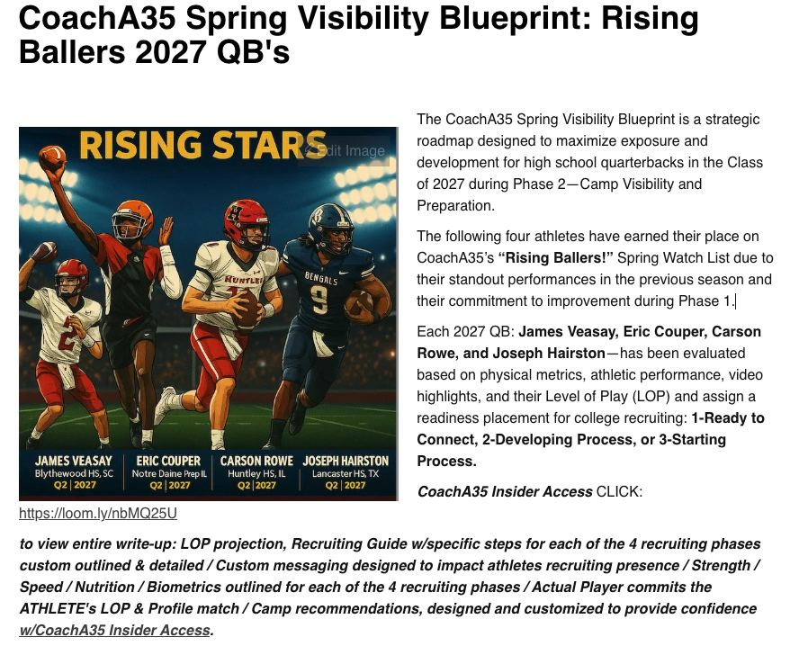 Coach Anzevino (@coacha35) on Twitter photo The following four athletes have earned their place on
CoachA35’s “Rising Ballers!” Spring Watch!
2027 QB - *James Veasay – Blythewood HS, SC <a href="/JamesVeasey14/">James “JV” Veasey</a>
2027 QB *Eric Couper – Notre Dame Prep, IL <a href="/Ericcouper18/">Eric Couper QB 2027</a>
2027 QB *Carson Rowe – Huntley HS, IL <a href="/CarsonRowe2027/">Carson Rowe 2⭐️ QB</a>
2027 QB The following four athletes have earned their place on
CoachA35’s “Rising Ballers!” Spring Watch!
2027 QB - *James Veasay – Blythewood HS, SC <a href="/JamesVeasey14/">James “JV” Veasey</a>
2027 QB *Eric Couper – Notre Dame Prep, IL <a href="/Ericcouper18/">Eric Couper QB 2027</a>
2027 QB *Carson Rowe – Huntley HS, IL <a href="/CarsonRowe2027/">Carson Rowe 2⭐️ QB</a>
2027 QB