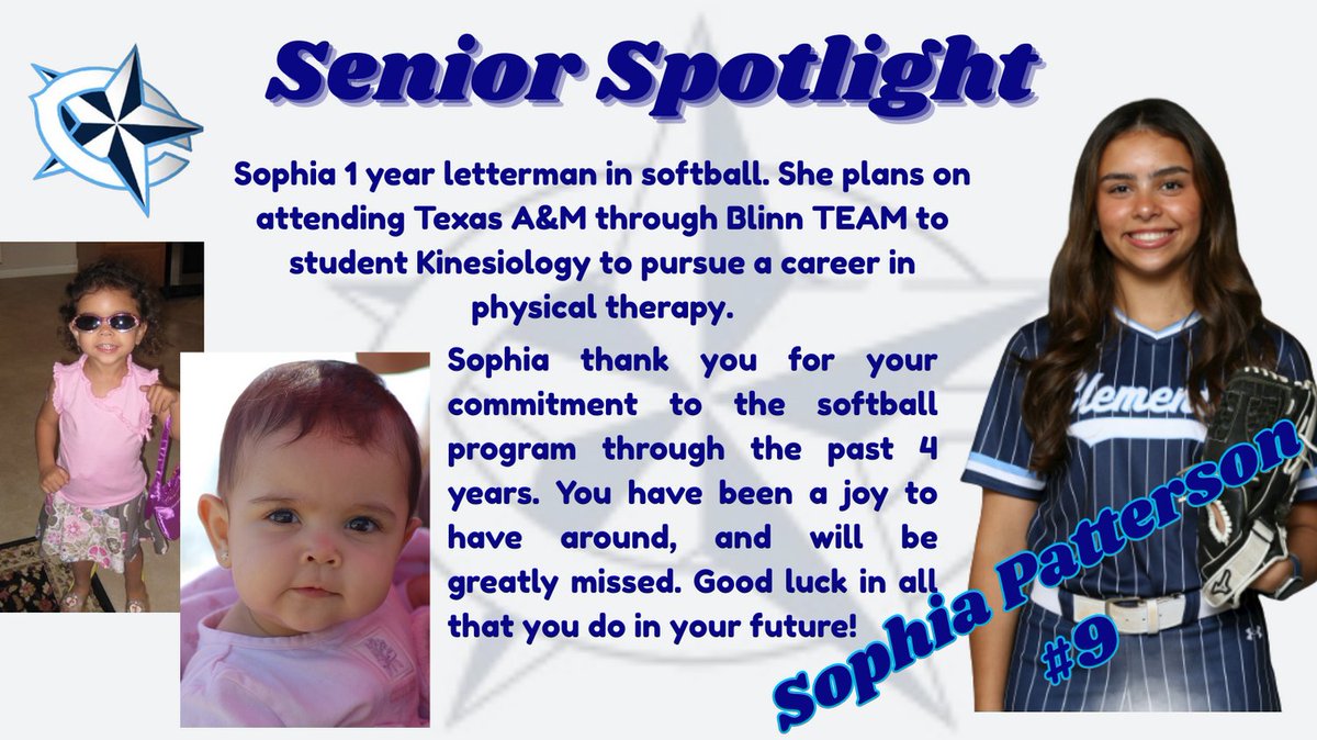 clementssftbl's tweet image. Next up is Sophia Patterson! Happy Senior Night to our #9! Come help us celebrate all of our softball seniors tonight as we take on Travis. Senior Night ceremony will begin at 5:50!