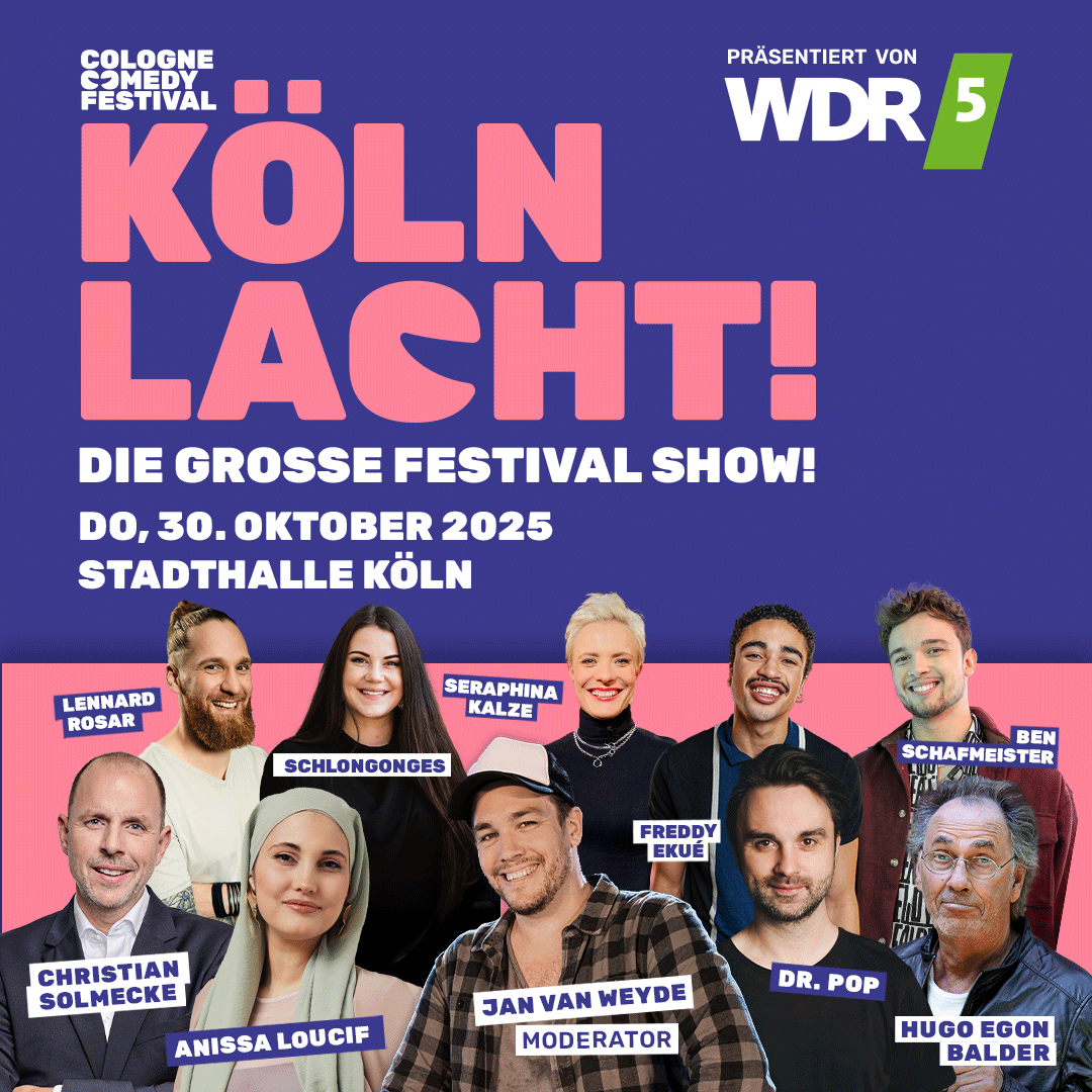 Am 5.11.2025 feiere ich meine Premiere beim Cologne Comedy Festival in der Kulturkirche Köln – ein echtes Herzensprojekt ♥️. Wer schon früher lachen möchte, kann mich sogar schon am 30.10. bei „KÖLN LACHT! DIE GROSSE FESTIVAL SHOW“ sehen. Tickets: wbs.law/44r2VJS