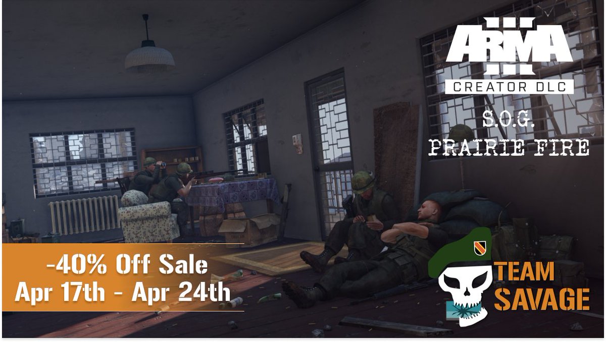 🚨  #Arma3 Creator DLC Weekend Sale has begun🚨

1 Week to get S.O.G. Prairie Fire at 40% off. You can also scoop any other Creator DLC's with discounts up to 63%!

Get Prairie Fire here: sogpf.tiny.us/PF
Try our free mod Nickel Steel here: sogpf.tiny.us/NS