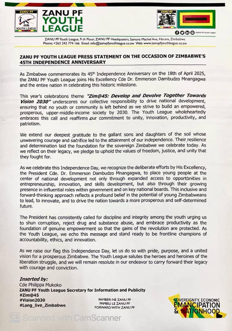 ZANU PF Youth League (@zanupfyouthleag) on Twitter photo "As we celebrate this Independence Day, we recognize the deliberate efforts by HE, the President, Cde <a href="/edmnangagwa/">President of Zimbabwe</a> , to place young people at the center of national development not only through expanded access to opportunities in entrepreneurship, innovation, and skills "As we celebrate this Independence Day, we recognize the deliberate efforts by HE, the President, Cde <a href="/edmnangagwa/">President of Zimbabwe</a> , to place young people at the center of national development not only through expanded access to opportunities in entrepreneurship, innovation, and skills