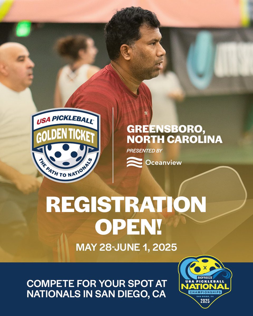 USA Pickleball (@usapickleball) on Twitter photo Ready to go for gold in Greensboro? 🥇
Registration is official OPEN for the Greensboro Golden Ticket Tournament, presented by <a href="/OVLifeAnnuity/">Oceanview Life and Annuity</a>.
📍Greensboro, NC
📆 May 28-June 1
Don’t miss your chance to punch your ticket to Nationals! Link in bio. 🎟️ Ready to go for gold in Greensboro? 🥇
Registration is official OPEN for the Greensboro Golden Ticket Tournament, presented by <a href="/OVLifeAnnuity/">Oceanview Life and Annuity</a>.
📍Greensboro, NC
📆 May 28-June 1
Don’t miss your chance to punch your ticket to Nationals! Link in bio. 🎟️